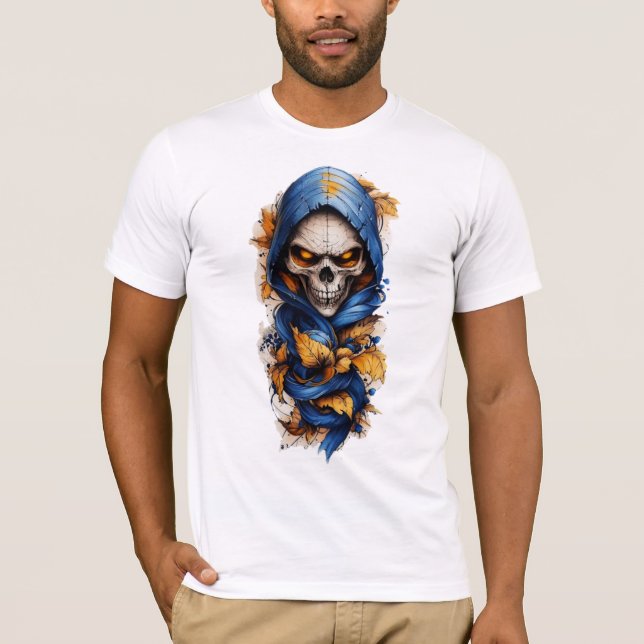 Skull and Autumn Leaves Tattoo Style T-Shirt (Front)