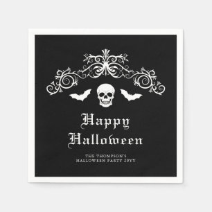 Skull And Bats Gothic Happy Halloween Black Napkins