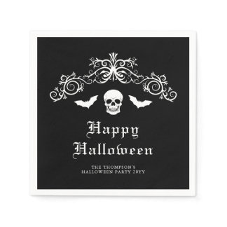 Skull And Bats Gothic Happy Halloween Black Napkins
