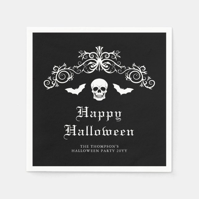 Skull And Bats Gothic Happy Halloween Black Napkins (Front)