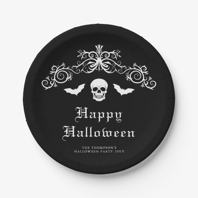 Skull And Bats Gothic Happy Halloween Black Paper Plates (Front)