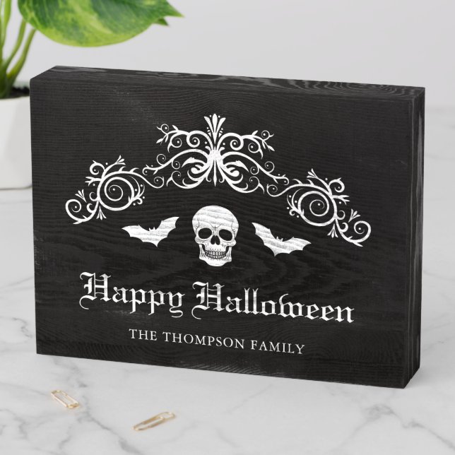 Skull And Bats Gothic Happy Halloween Black Wooden Box Sign (In Situ Horizontal)