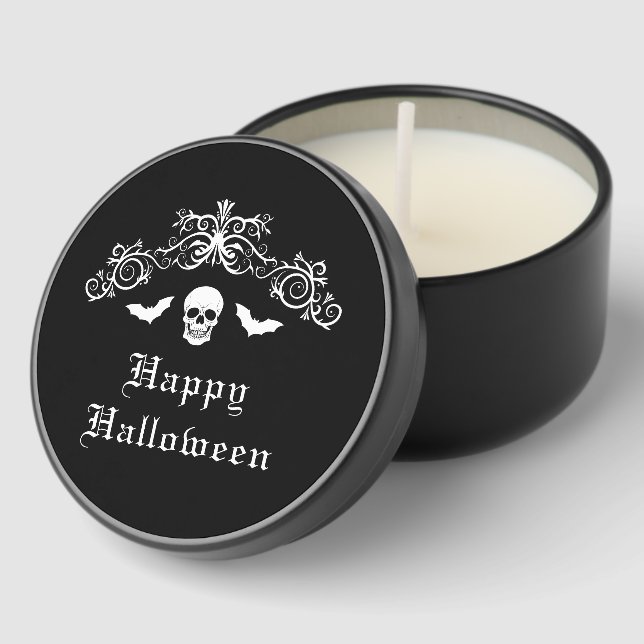Skull And Bats Happy Halloween Black And White Mini Candle Favors (Corner)