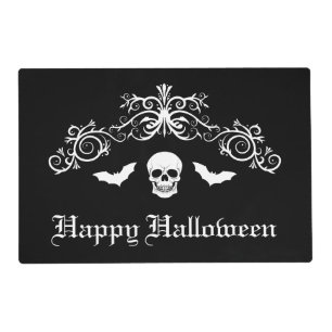 Skull And Bats Happy Halloween Black And White Placemat