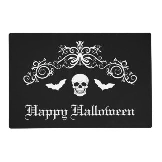 Skull And Bats Happy Halloween Black And White Placemat