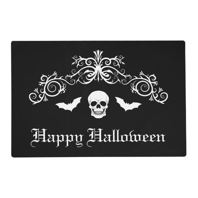 Skull And Bats Happy Halloween Black And White Placemat (Front)
