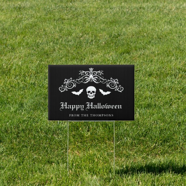 Skull And Bats Happy Halloween Black And White Sign (Insitu)