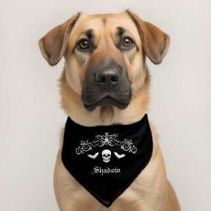 Skull And Bats Silhouette Black White Halloween Pet Bandana Collar