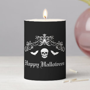Skull And Bats Silhouette Happy Halloween Black Pillar Candle