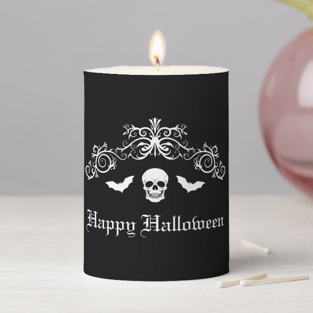 Skull And Bats Silhouette Happy Halloween Black Pillar Candle (In Situ)