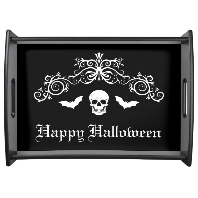 Skull And Bats Silhouette Happy Halloween Black Serving Tray (Front)