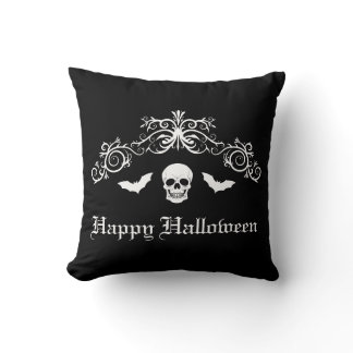 Skull And Bats Silhouette Happy Halloween Black Throw Pillow
