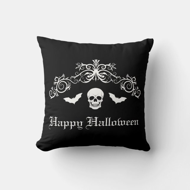 Skull And Bats Silhouette Happy Halloween Black Throw Pillow (Front)
