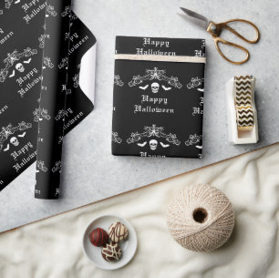 Skull And Bats Silhouette Happy Halloween Black Wrapping Paper
