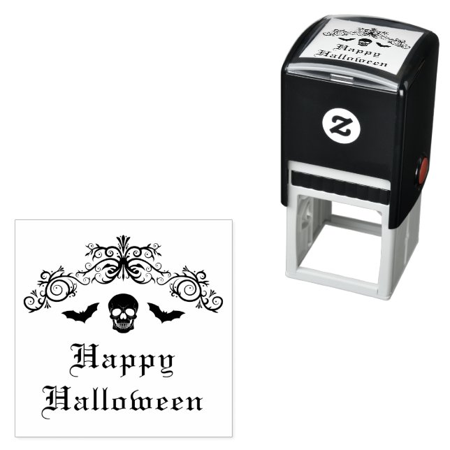  Skull And Bats w/ Flourish Border Happy Halloween Self-inking Stamp (In Situ)