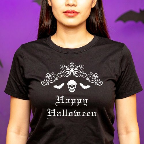 Skull And Bats With Ornate Border Happy Halloween T-Shirt