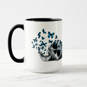 Skull and Blue Butterflies Black and White Mug