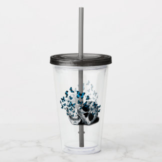 Skull and Blue Butterflies Gothic Gray Acrylic Tumbler