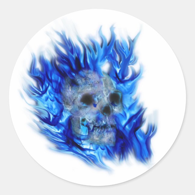Skull and Blue Flames Spooky Art Stickers (Front)