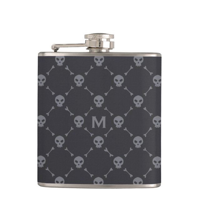 Skull and Bones Check Pattern Grey Monogram Flask (Front)
