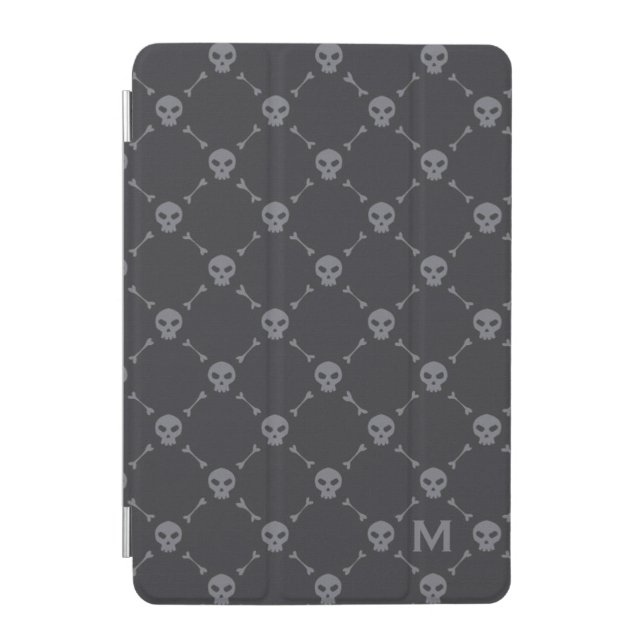 Skull and Bones Check Pattern Grey Monogram iPad Mini Cover (Front)