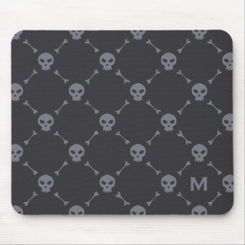 Skull and Bones Check Pattern Grey Monogram Mouse Pad