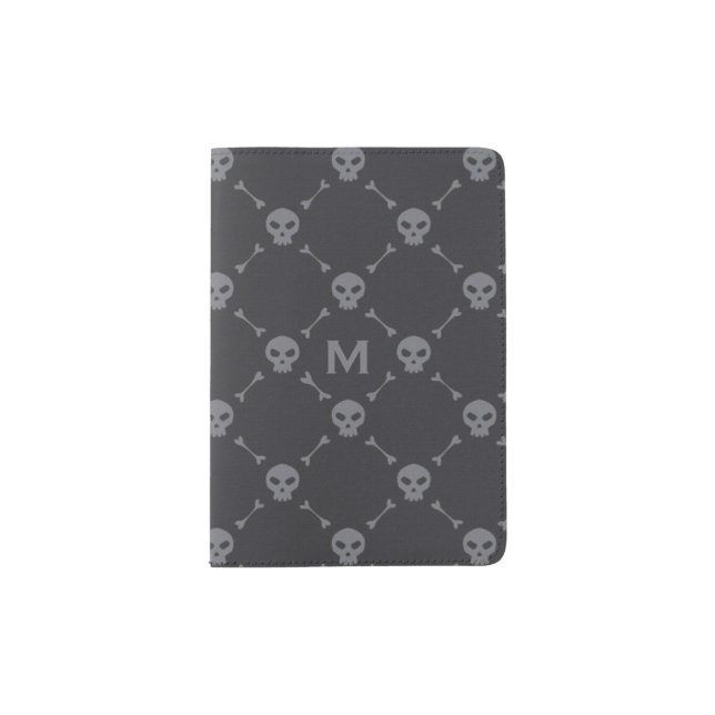 Skull and Bones Check Pattern Grey Monogram Passport Holder (Front)