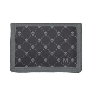 Skull and Bones Check Pattern Grey Monogram Trifold Wallet