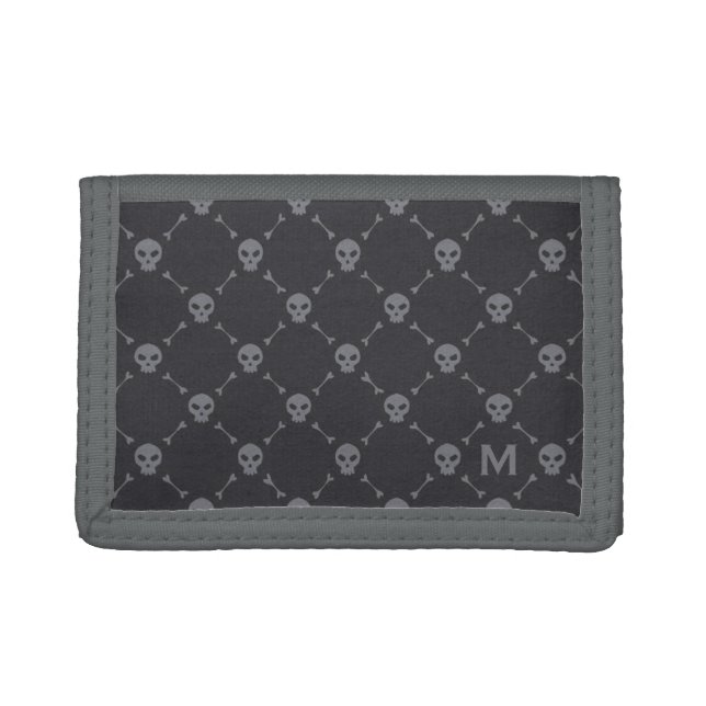 Skull and Bones Check Pattern Grey Monogram Trifold Wallet (Front)