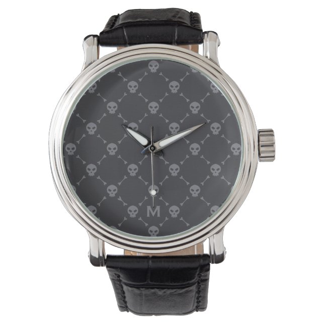 Skull and Bones Check Pattern Grey Monogram Watch (Front)