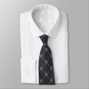 Skull and Bones Check Pattern Grey Neck Tie
