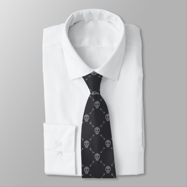 Skull and Bones Check Pattern Grey Neck Tie (Tied)