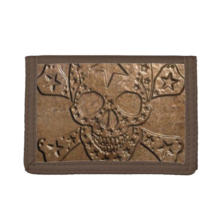 Skull And Bones Metal/brown Tri-fold Nylon Wallet