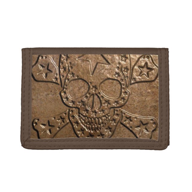 Skull and Bones Metal/Brown Tri-Fold Nylon Wallet (Front)
