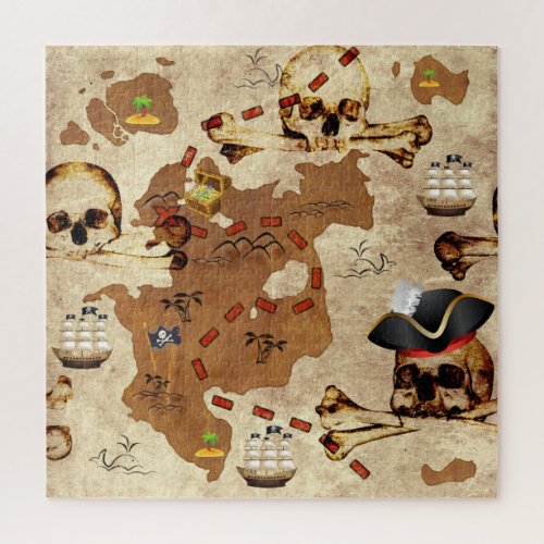 Skull and Bones Pirate Treasure Island Map Jigsaw Puzzle