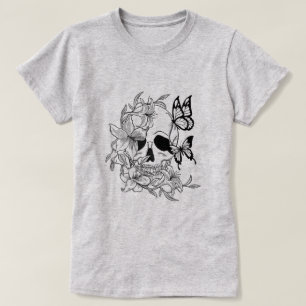 Skull and Butterfly Design with Floral Elements T-Shirt