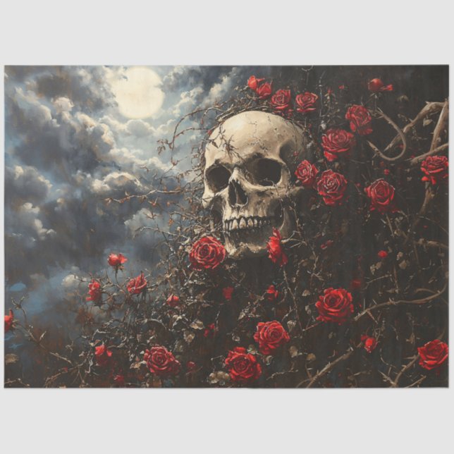 Skull and Crimson Roses Decoupage Tissue Paper (Front)
