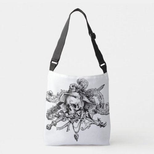 Skull and Cross Bones Fancy Pirate Black  White Crossbody Bag