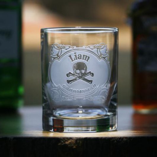 Skull and Cross Bones Groomsman Whiskey Glass (Front)