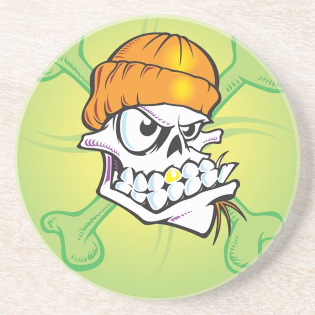 Skull and Cross Bones in Orange Skull Cap Drink Coaster (Front)