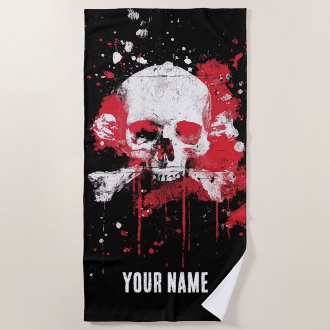 Skull and Crossbones Beach Towel – Red Grunge Art (Front)