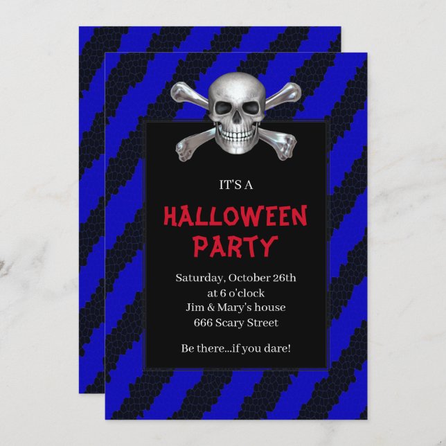Skull And Crossbones Blue Stripe Halloween Party Invitation (Front/Back)