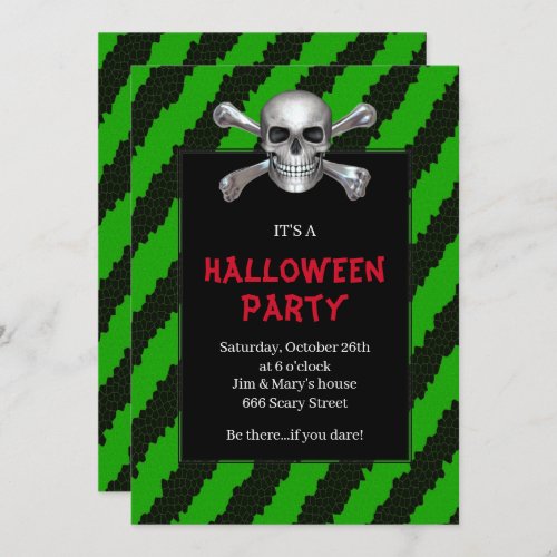 Skull And Crossbones Green Stripe Halloween Party Invitation