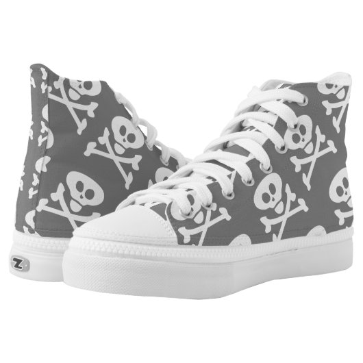 Skull and Crossbones Grey White High-Top Sneakers (Pair)