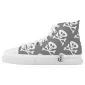 Skull and Crossbones Grey White High-Top Sneakers (Left Shoe Outside)