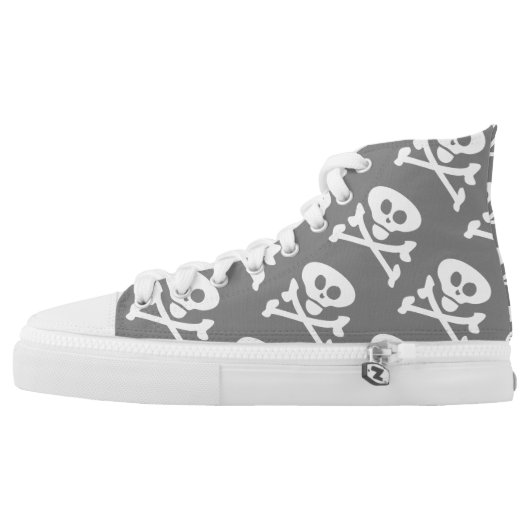 Skull and Crossbones Grey White High-Top Sneakers (Left Shoe Outside)