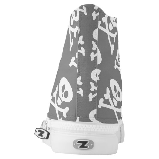 Skull and Crossbones Grey White High-Top Sneakers (Left Shoe Back)
