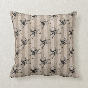 Skull and Crossbones on Tan Striped Throw Pillow