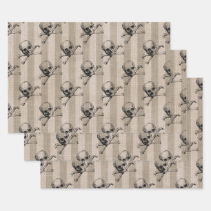 Skull and Crossbones on Tan Striped Wrapping Paper Sheets