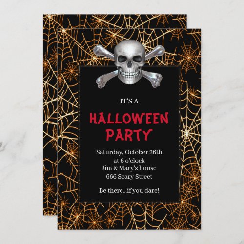 Skull And Crossbones Orange Cobweb Halloween Party Invitation